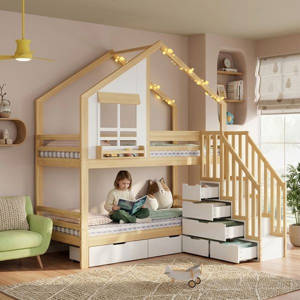 Novelux Etagenbett 90x200 cm mit Treppe und Schubladen – Kinderbett Hausbett aus Kiefer/MDF in Weiß/Natur, Sicherheitsleiter, ohne Matratze, FSC