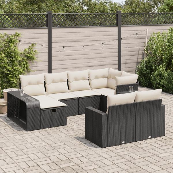 vidaXL 10-tlg. Garten-Sofagarnitur mit Kissen Schwarz Poly Rattan 3326060