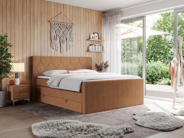 Boxspringbett KING EIGAR, mit einer Doppelmatratze, einem genähten Kopfteil - 200x200 - Orange Stoff - H3