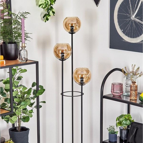 hofstein Stehlampe Stehlampe aus Metall/Holz/Glas in Schwarz/Hellbraun/Bernsteinfarben, ohne Leuchtmittel, Stehleuchte im Retro-Design m. Glasschirmen (15cm), Fußschalter, E14