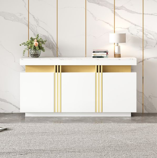 Sideboard weiß mit 3 Türen & verstellbaren Fächern, 140x38x70 cm