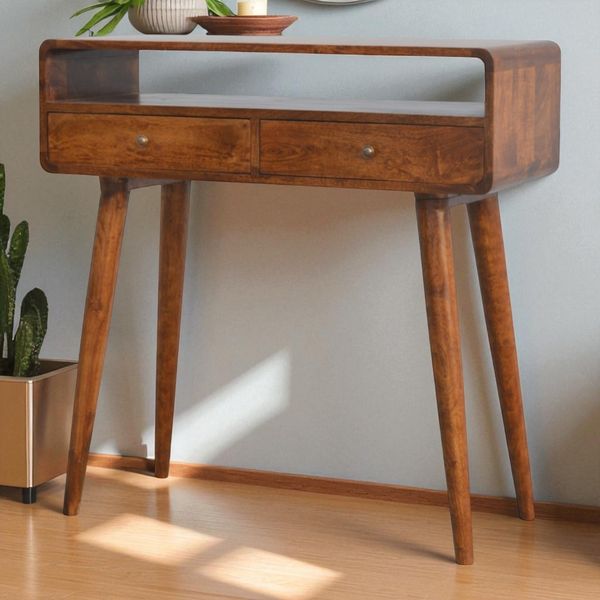 Flieks Konsolentisch aus Massivholz mit 2 Schubladen & offener Schlitz, 90 x 35 x 90cm, Dunkelbraun
