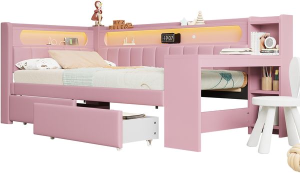 Gepolstertes 90x200 Daybed mit USB-Anschlüssen und LED-Gürtel, mit Schreibtisch und 2 Schubladen, Rosa