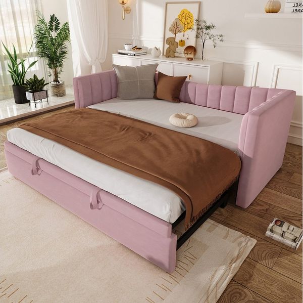 MODFU Schlafsofa Daybett Tagesbett Kinderbett Doppelbett, mit Ziehbett 90x200 cm (180x200 cm) – Multifunktional, Samt, Minimalistisch, für Wohnzimmer & Schlafzimmer, Für Gäste & kleine Räume, ohne Matratze