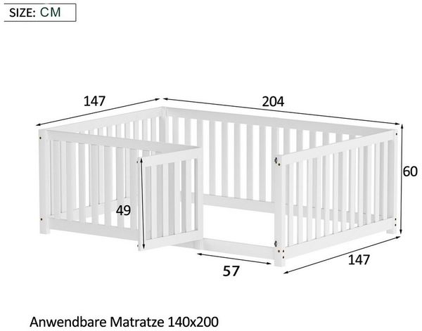 MODFU Bett Bodenbett mit Zaun (Jugendbett, ohne Lattenrost, aus Kiefer massiv, mit Tür), Ohne Matratze Bild 4