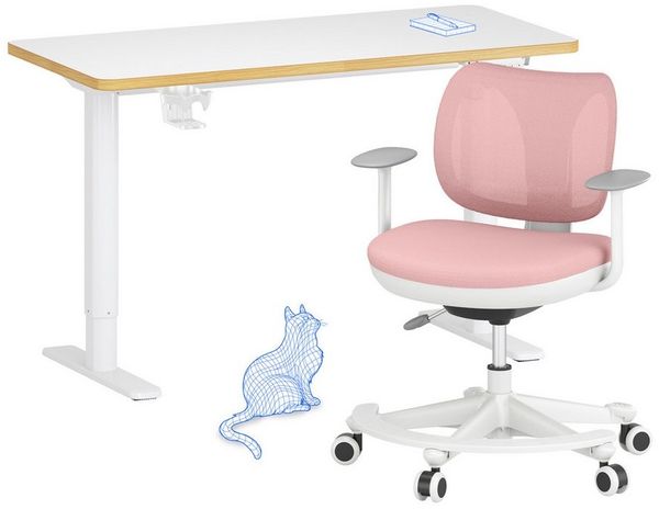 FLEXISPOT Schreibtisch Kinderschreibtisch Höhenverstellbar (16mm Abgerundete Tischecken, LED-Display & 3 Speichertaste), MIT 2xHaken& 1xBecherhalter, Kindertisch Stuhl Set