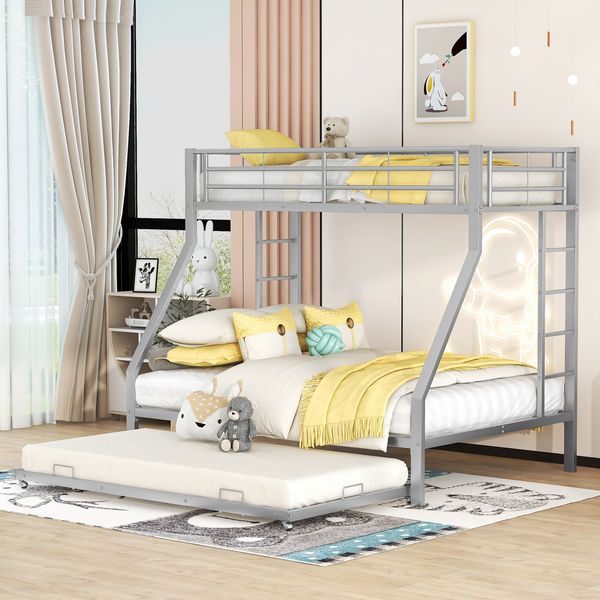 Etagenbett aus Metall mit Ausziehbett & 2 Leitern, 90/140x200 cm, silber, ohne Matratze