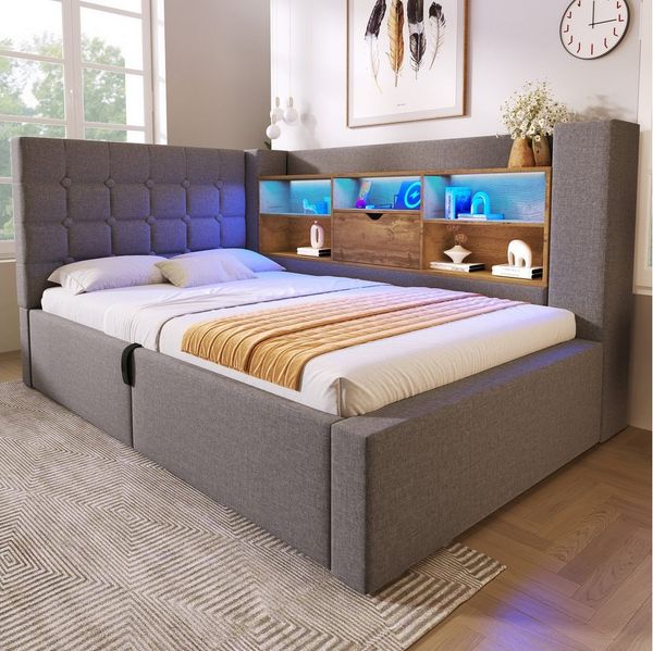 Flieks Daybett, Hydraulisches Polsterbett 90x190cm mit LED-Beleuchtung und Aufladen