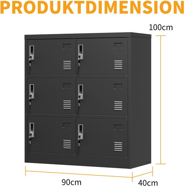 Kommode 90x40x100 cm, 6-türiger Metallschrank in Schwarz mit Einzelschlössern und Kartenfächern Bild 4