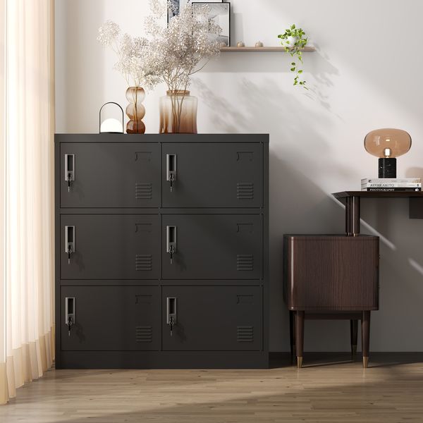 Kommode 90x40x100 cm, 6-türiger Metalllschrank in Schwarz mit Einzelschlössern und Kartenfächern