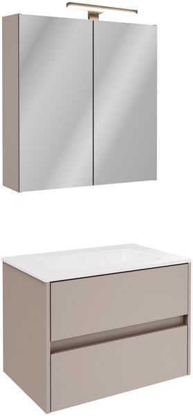 FACKELMANN COMPACT LINE Waschtisch Set mit Spiegelschrank 71 cm breit, Grau, Waschbecken Keramik Weiß, inklusive Aufsatzleuchte und Energie Box, 2 Schubladen