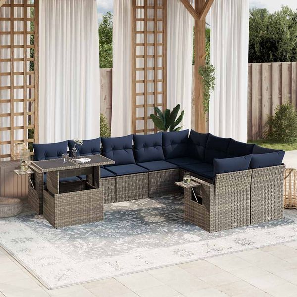vidaXL 10-teiliges Gartensofa-Set mit Kissen, grau, Polyrattan 3268141