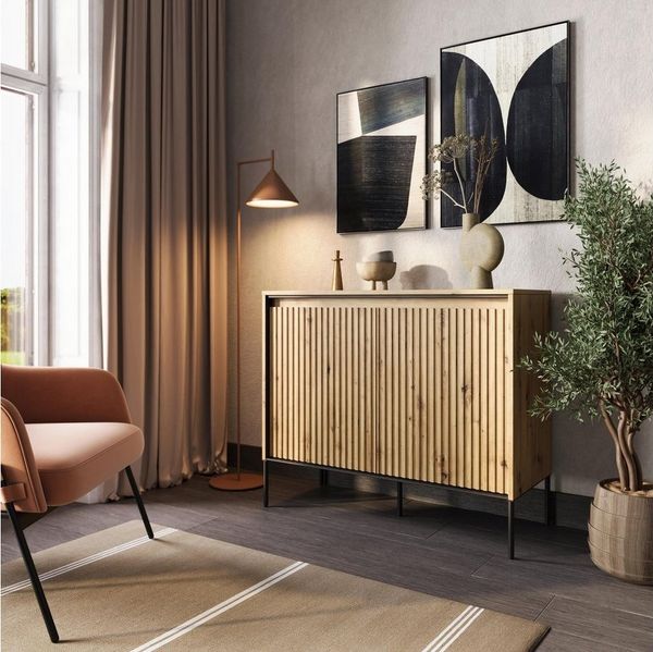 Compleo Kommode mit gerifflete Front FLORE für Wohnzimmer, push to open