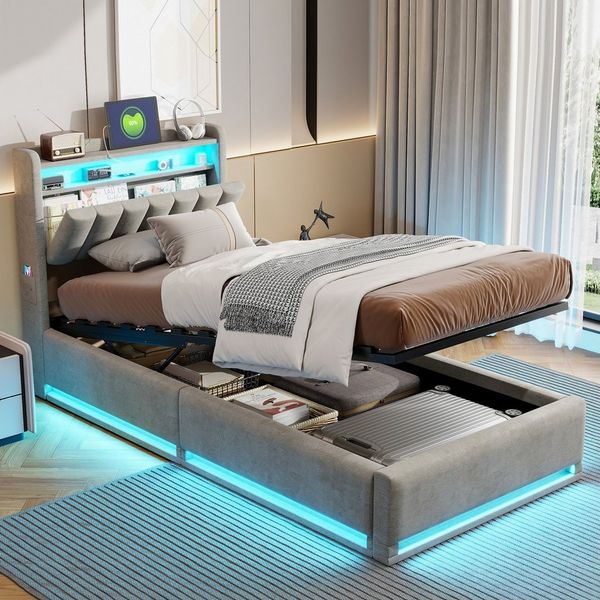 Simurq Polsterbett Kinderbett Jugendbett Einzelbett, mit Lattenrost,mit LED,USB,90x200 cm