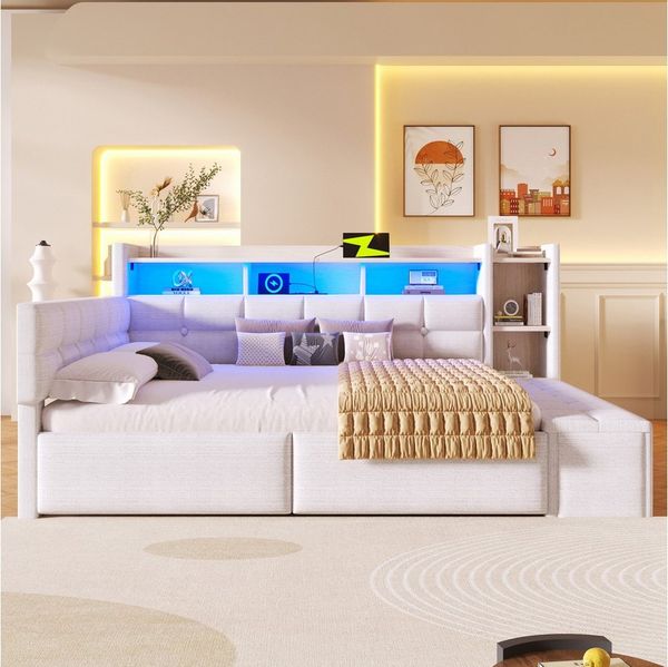 Merax Daybett mit LED Lichtleiste, USB & Typ-C, Samt (Schlafsofa Sofabett Jugendbett Kinderbett, 1 tlg), Tagesbett 140x190cm mit Schubladen,Ablagefach,Stauraumbank am Fußende