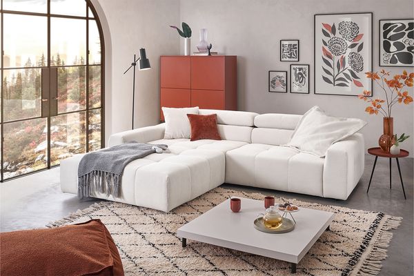 KAWOLA Sofa RENO Ecksofa Feincord weiß mit motorischem Sitzvorzug Longchair links 68 x 217 x 258 cm