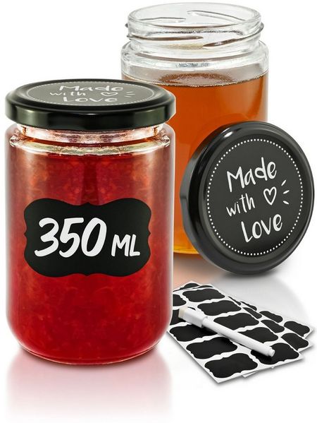 Praknu Einmachglas 12 Einmachgläser mit Deckel 350ml - Mit Etiketten & Stift - Luftdicht, Glas, (Set, 12-tlg), Konservieren
