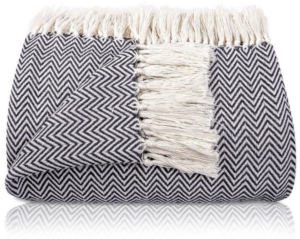 Gräfenstayn Tagesdecke mit Fransen aus 100% Baumwolle – Baumwolldecke mit Fischgrätenmuster, Wohndecke als Sofa-Überwurf, Bett-Überwurf, Couch-Überwurf, Sofa-Decke