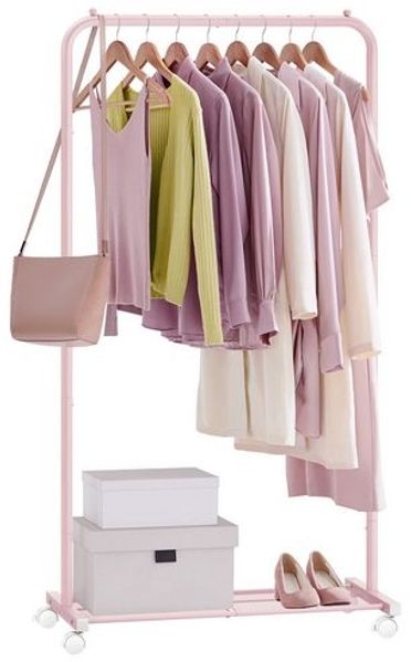 SONGMICS Kleiderständer auf Rollen, Garderobenständer Metall mit Schuhablage, 35 kg Tragkraft, 74 x 40,6 x 158,3 cm, Rosa