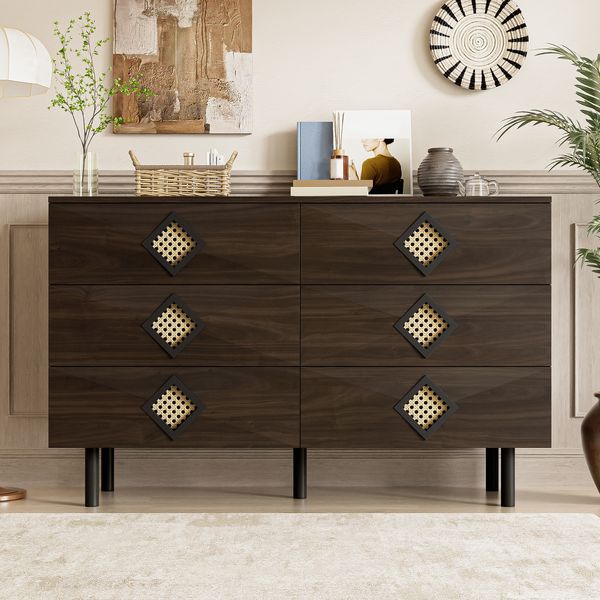 Kommode 6 Schubladen, Walnuss mit Rattan-Griffen und Metalllbeinen – geräumig & modern, Holzfarbe, 120 x 40 x 74 cm