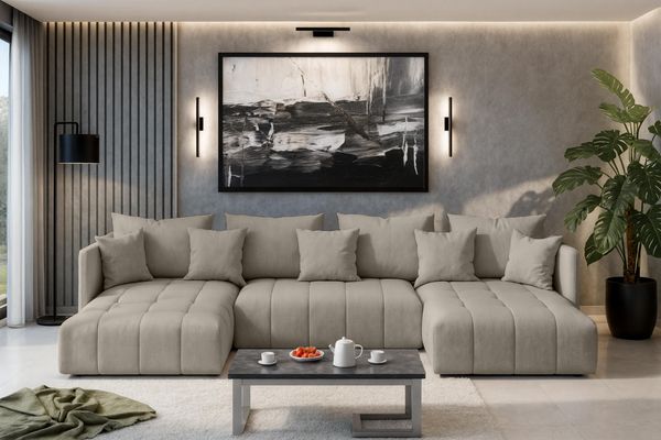 AX LIVING Hellbraun Sofa U Form mit Schlaffunktion Veliro U, 345 cm