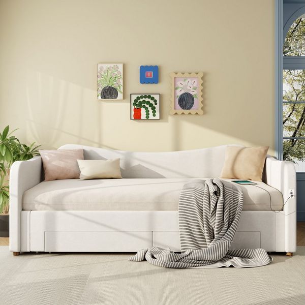 HAUSS SPOLE Polsterbett 90x200 Daybett ausziehbar auf 180x200 aus Samt,Tagesbett mit Matratze (Sofabett mit Stauraum, mit USB-Anschluss, Platzsparendes Design, integrierte Schubladen, Dual-Port-Ladeanschluss (USB + Typ-C), für Wohnzimmer, Kinderzimmer ...