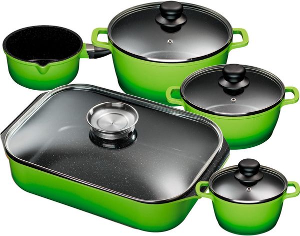 KING Topf-Set, Aluminiumguss (Set, 5-tlg, je 1 Kochtopf 16/20/24 cm, Stielkasserolle 16 cm, Bräter 40 x 26 cm), Induktion, außer Bräter