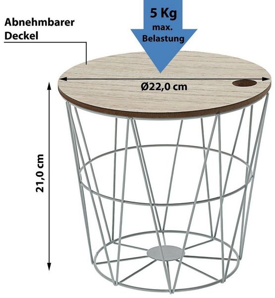 CEPEWA Beistelltisch Metallkorb weiß mit Holzdeckel H21cm
