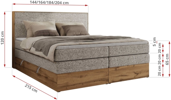 Boxspringbett, Set mit zwei Multipocket-Matratze und Topper, hohe Kopfteil, Eiche Wotan Holzrahmen - WOOD CLASSIC KING - 160 x 200 cm - Beige Struktur - H4 Bild 6