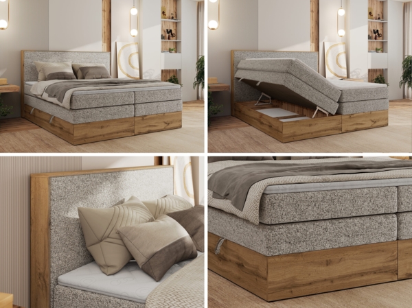 Boxspringbett, Set mit zwei Multipocket-Matratze und Topper, hohe Kopfteil, Eiche Wotan Holzrahmen - WOOD CLASSIC KING - 160 x 200 cm - Beige Struktur - H4 Bild 2