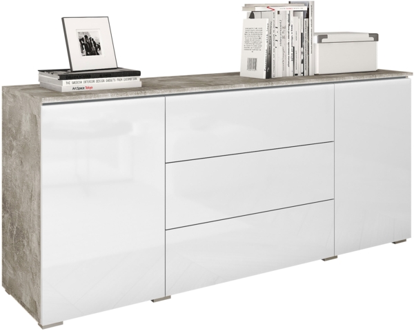 Kommode Doppo 150 (Farbe: Beton Smart / Weiß Hochglanz, ohne Beleuchtung)