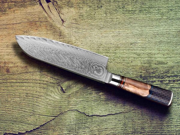 Das Premium Santoku Messer der Spitzenklasse – Damastmesser mit 67 Schichten – Mit exklusiven Farbholzgriff