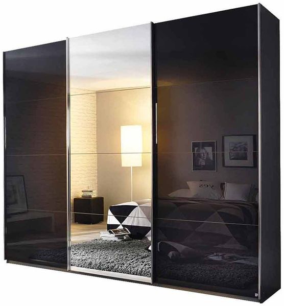 Schwebetürenschrank Kiel-C / Kulmbach-C, Holzwerkstoff, Grau, Schwarz, Verspiegelt, 271 x 229 x 62 cm