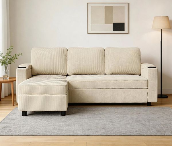 GUNJI Sofa L/U-Sofa mit Schlaffunktion Schlafsofa, Transformationssofa mit Stauraum und Becherhalter - flexibel umkehrbares Layout