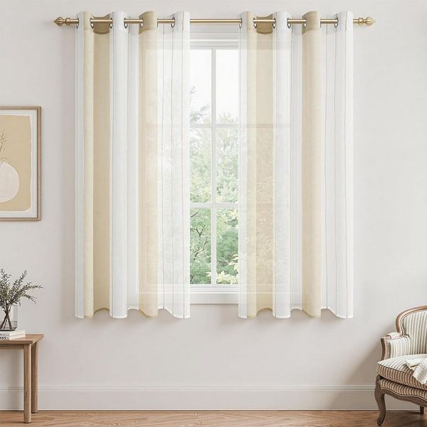 TUWENA Gardine Vorhänge mit Ösen, Streifen Voile Gardinen Halbtransparent 2er Set, Moderner Wohnstil Gardinen für Wohnzimmer Schlafzimmer Mehrere Größen