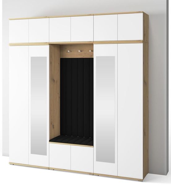 Garderoben-Set Aura Version 10: Kleiderschrank mit Polsterpaneelen, Schuhschrank Flur und Eingangsbereich (weiß/Artisan-Eiche /Trinity 16), 225cm x 40 x 210 cm