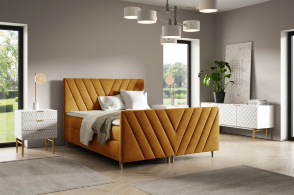 Boxspringbett Schlafzimmerbett CARLITO PREMIUM 180x200cm Stoff Fresh Senfgelb