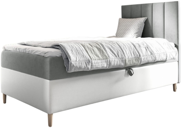 MEBLINI Kinderbett mit Bettkasten MAYA 1 90x200 Rechts – H3/Grau Samt Gepolstert Einzelbett mit Matratze - Polsterbett mit Stauraum - Bett mit Kopfteil – Stauraumbett