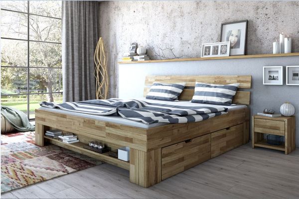 Massivholzbett >Link< Regal / Schubkästen, Liegefl. 180x200, Wildeiche - 185x88x215 (BxHxT)