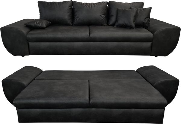 Big-Sofa mit Schlaffunktion und Bettkasten XXL Couch im Vintage Look in Schwarz