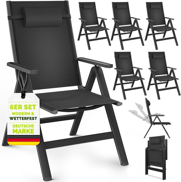 tillvex Gartenstuhl Premium 6 Stück Schwarz klappbar aus Aluminium | Hochlehner mit Armlehnen | Klappstuhl verstellbar | Klappsessel Balkon Garten Terrasse