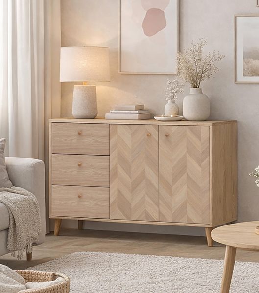 Schildmeyer Visby Sideboard 160936 Eiche hell Dekor/Fischgräten Dekor, 109 x 33 x 73,9 cm