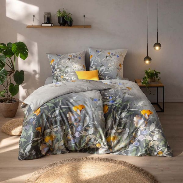 Estella Bio Mako Satin Bettwäsche 135x200 Celia salbei Blütenzweige grau 3425-532