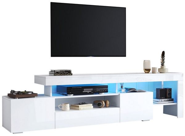BlingBin TV-Schrank Hochglanz Lowboard Fernsehtisch Fernsehschrank TV-Board Mit LED (Aufbewahrungsschrank mit 3 Schränke und Offener Lagerraum, 1-St, Größe: 192*37*53cm, Empfohlene Tragfähigkeit: 30kg) TV-Ständer aus Spanplatte für Fernseher um 85 Zoll...