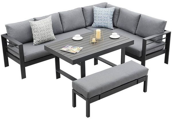 MeXo Gartenlounge-Set SGS zertifiziert, Aluminium Gartenmöbel Set, (Garten-Essgruppe, 5-tlg, 3 x Ecksofas, 1 x Gartenbank, 1 x Esstisch 130 x 80 x 67,5 cm), wetterfeste Ecklounge, Terrassenmöbel Set für 8 Personen Bild 4