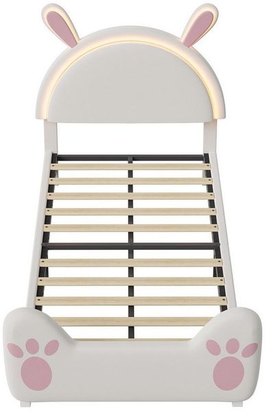 Furnishings Home Kinderbett Polsterbett LED mit Hasenohren Kopfteil 90x200 cm (1-tlg, LED Beleuchtung steuerbar per App/Fernbedienung), Einzelbett mit Hasenohren Kopfteil und Lattenrost, Samt