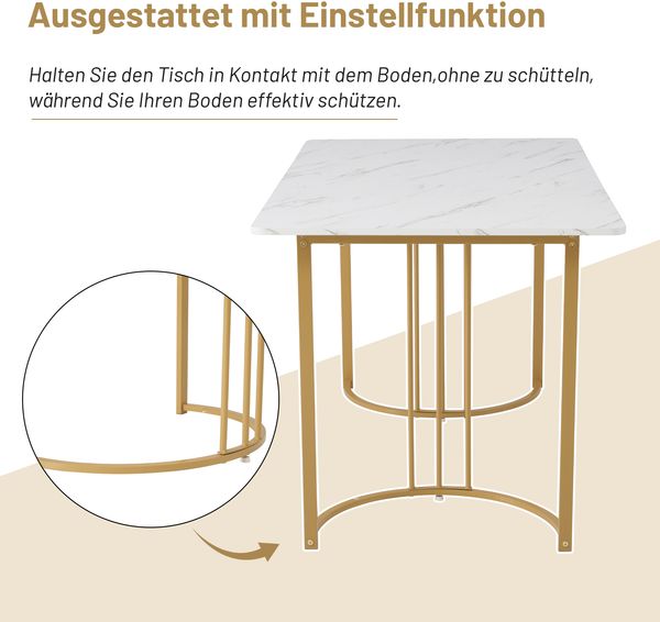 Esstisch mit Marmor-Muster, moderner Küchen- und Esszimmertisch, stabiles Metallgestell, verstellbare Tischfüße,Weiß und Gold farbe Bild 3