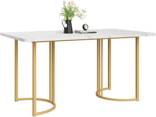 Esstisch mit Marmor-Muster, moderner Küchen- und Esszimmertisch, stabiles Metallgestell, verstellbare Tischfüße,Weiß und Gold farbe Bild 7