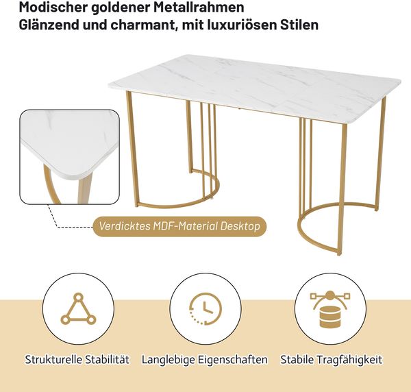 Esstisch mit Marmor-Muster, moderner Küchen- und Esszimmertisch, stabiles Metallgestell, verstellbare Tischfüße,Weiß und Gold farbe Bild 4