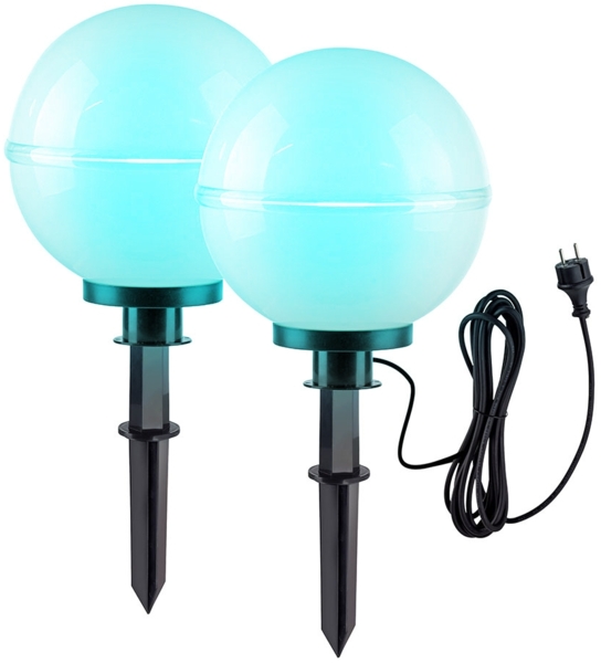 2x RGB LED Steckleuchten, Kugel, weiß, Erdspieß, Kabel, D 30 cm